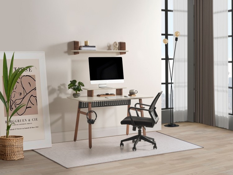 Heybeli Small Minimalist Wood Desk Cream Work Desk Home Office Desk With Cable Holder Organizer